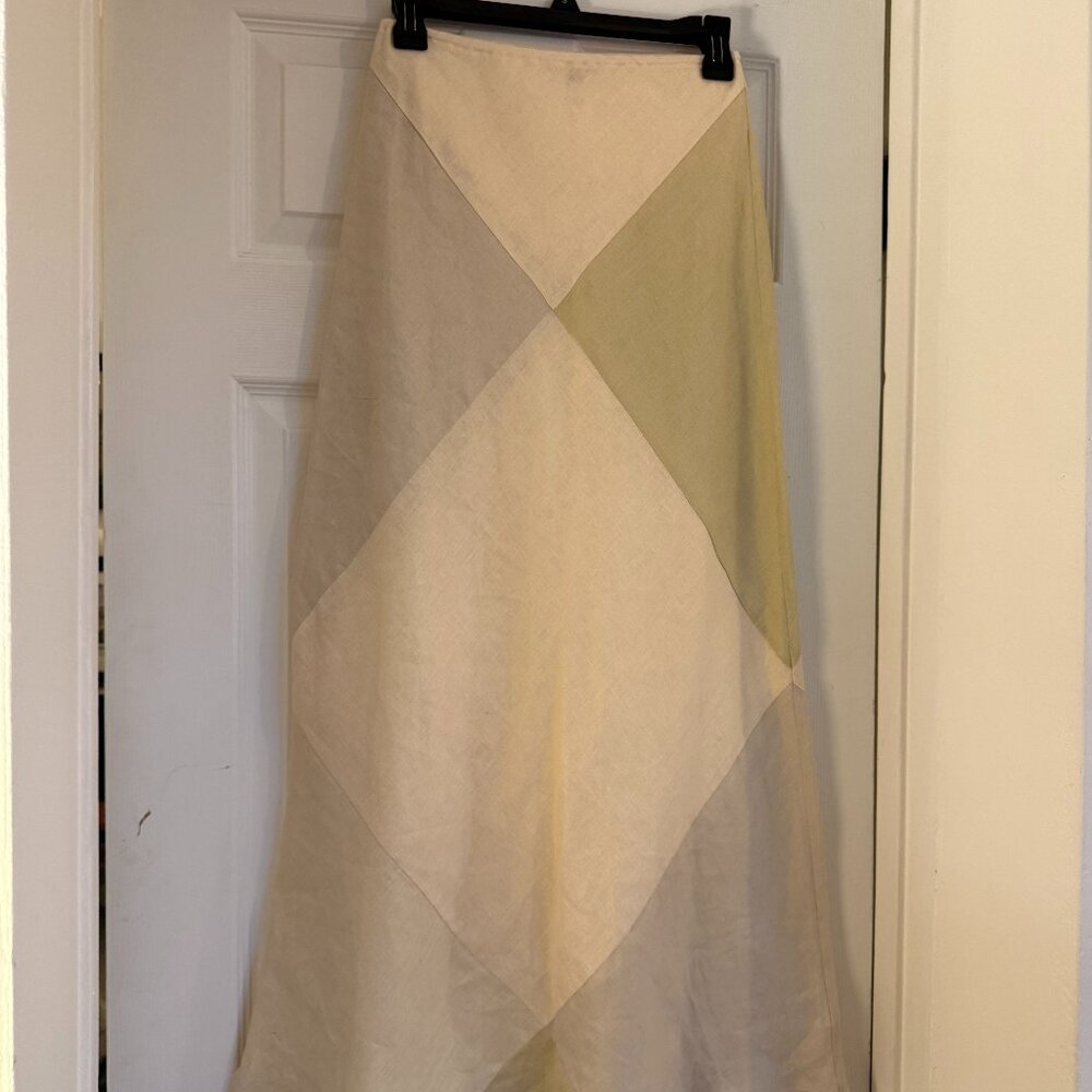 VRG GRL Patchwork Linen Midi Skirt | Size 6 | Neutral A-Line